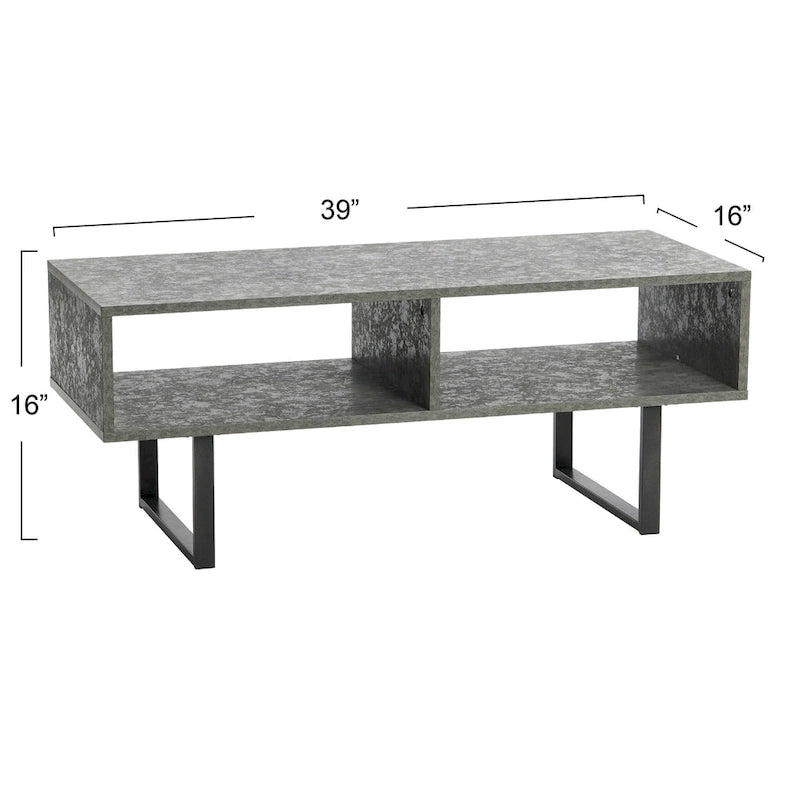 Meuble TV rectangulaire et table basse avec 2 étagères de rangement – Chêne côtier / Ardoise / Noir / Frêne