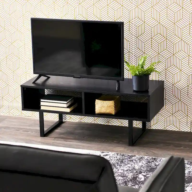 Meuble TV rectangulaire et table basse avec 2 étagères de rangement – Chêne côtier / Ardoise / Noir / Frêne