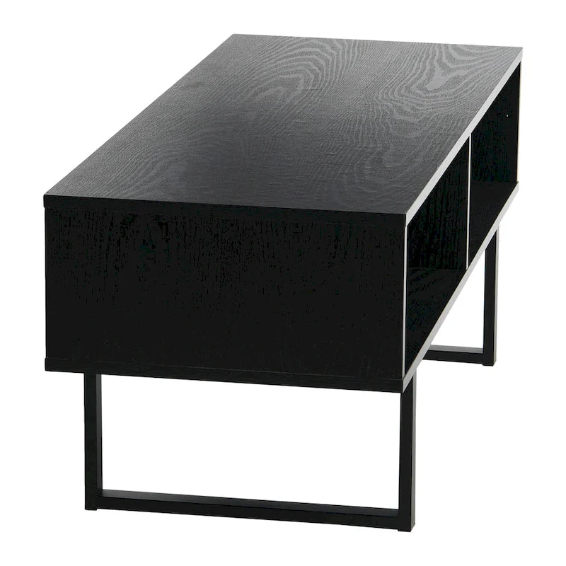 Meuble TV rectangulaire et table basse avec 2 étagères de rangement – Chêne côtier / Ardoise / Noir / Frêne