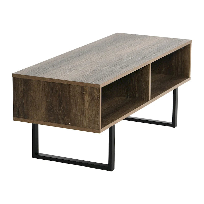 Meuble TV rectangulaire et table basse avec 2 étagères de rangement – Chêne côtier / Ardoise / Noir / Frêne
