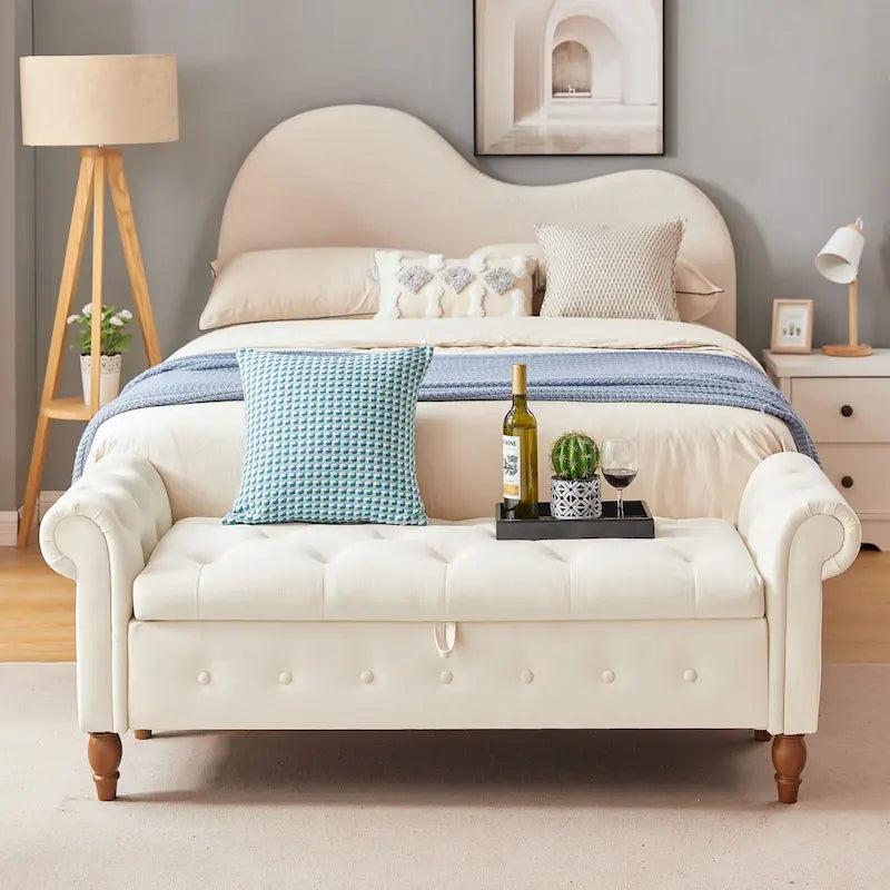 Banc Ottoman de Rangement Capitonnée Gris/Beige avec Rangement, 2 places, 160 cm
