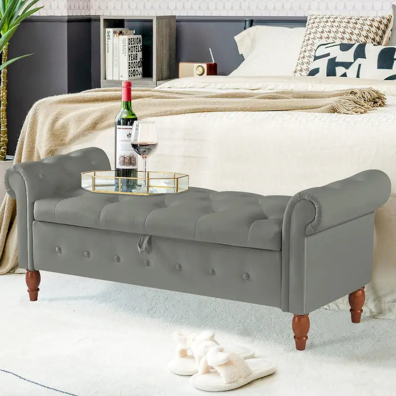 Banc Ottoman de Rangement Capitonnée Gris/Beige avec Rangement, 2 places, 160 cm