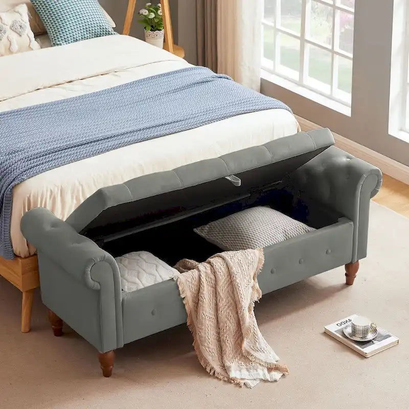Banc Ottoman de Rangement Capitonnée Gris/Beige avec Rangement, 2 places, 160 cm