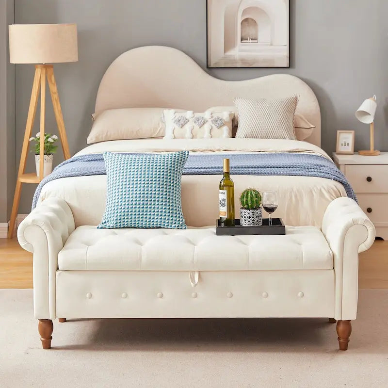 Banc Ottoman de Rangement Capitonnée Gris/Beige avec Rangement, 2 places, 160 cm