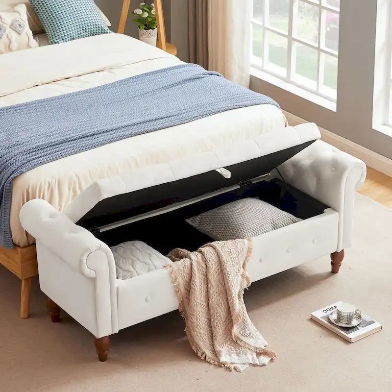 Banc Ottoman de Rangement Capitonnée Gris/Beige avec Rangement, 2 places, 160 cm