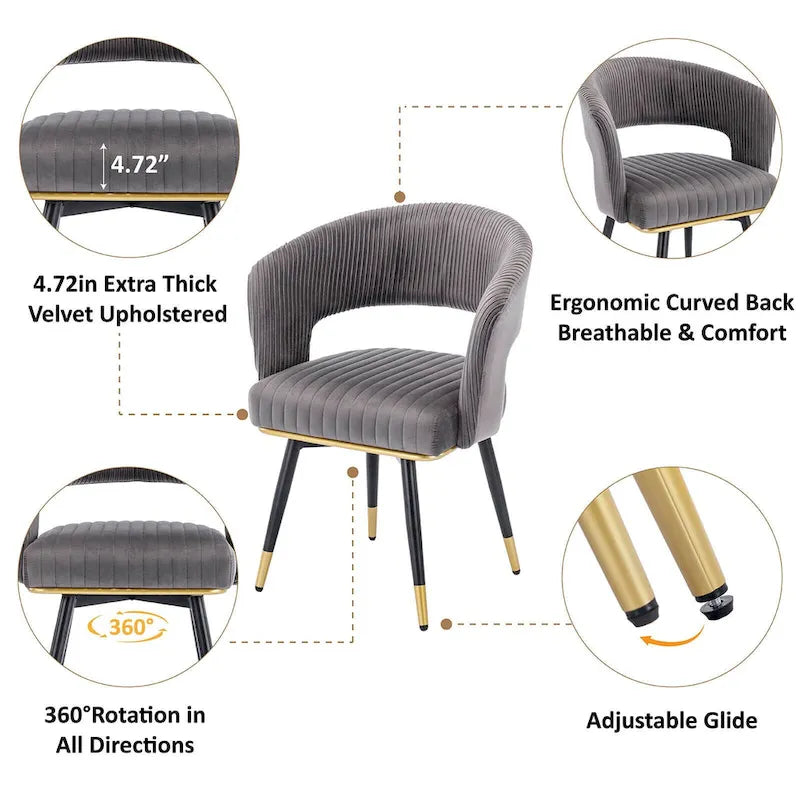 Chaise de salle à manger pivotante en velours avec pieds en métal doré, lot de 2