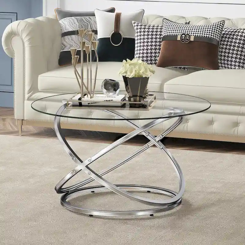 Table basse ronde, plateau verre/pierre, piètement chromé/doré, 1 personne
