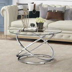 Table basse ronde, plateau verre/pierre, piètement chromé/doré, 1 personne