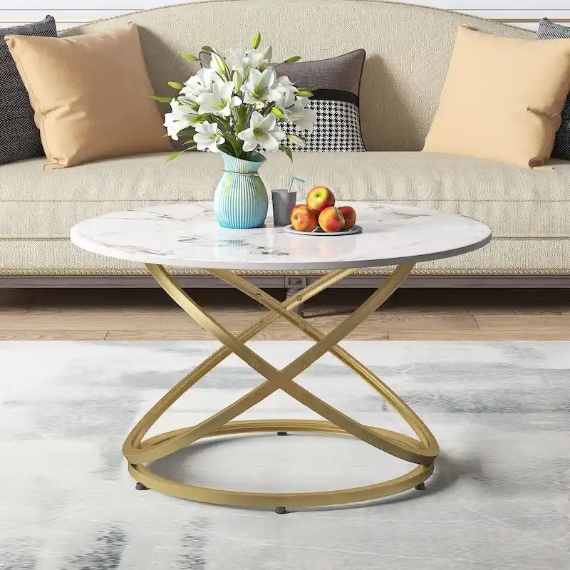 Table basse ronde, plateau verre/pierre, piètement chromé/doré, 1 personne