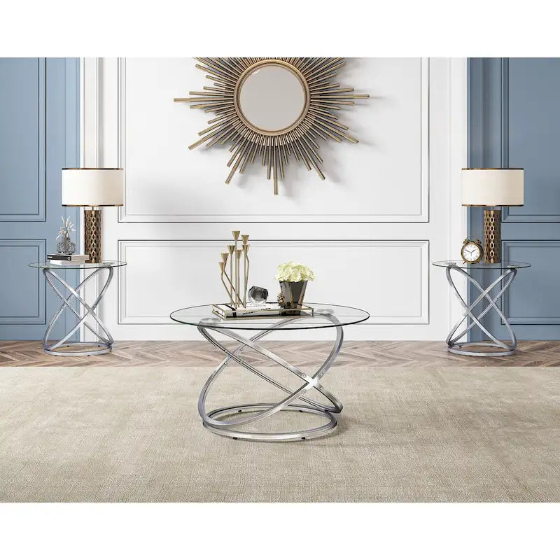 Table basse ronde, plateau verre/pierre, piètement chromé/doré, 1 personne