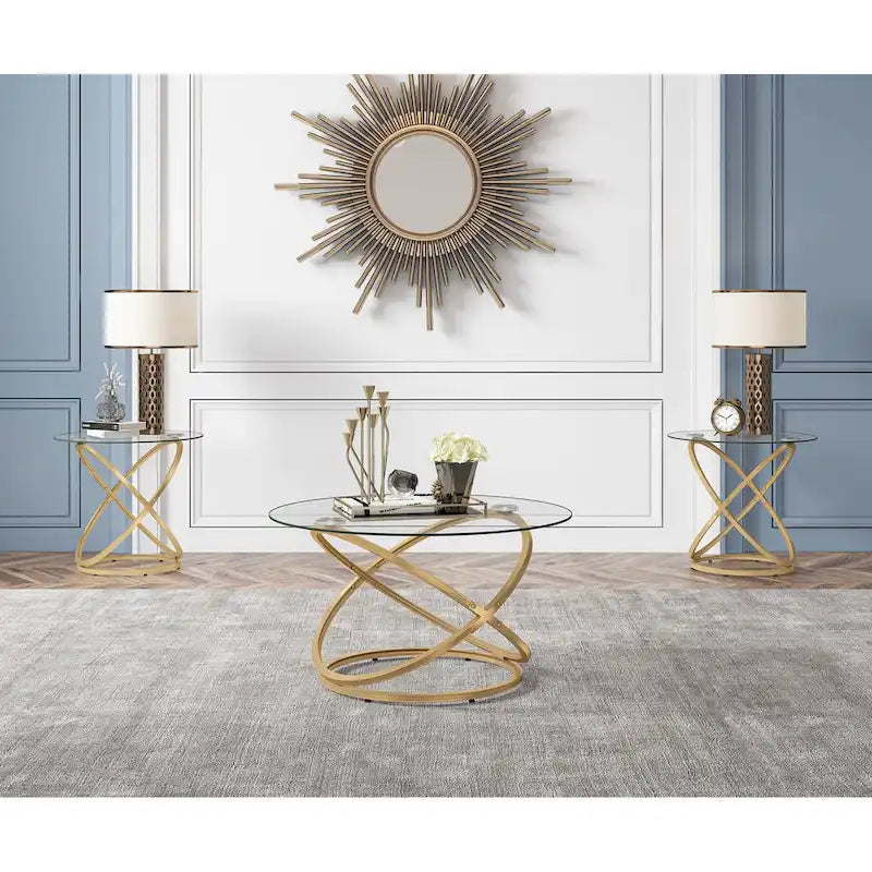 Table basse ronde, plateau verre/pierre, piètement chromé/doré, 1 personne