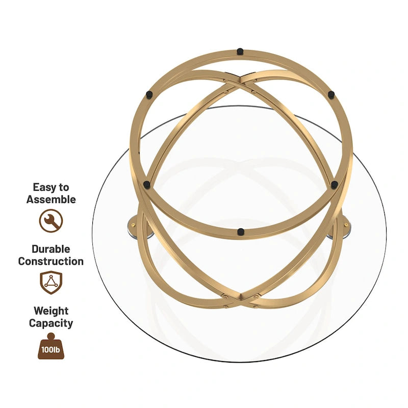 Table basse ronde, plateau verre/pierre, piètement chromé/doré, 1 personne