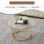 Table basse ronde, plateau verre/pierre, piètement chromé/doré, 1 personne