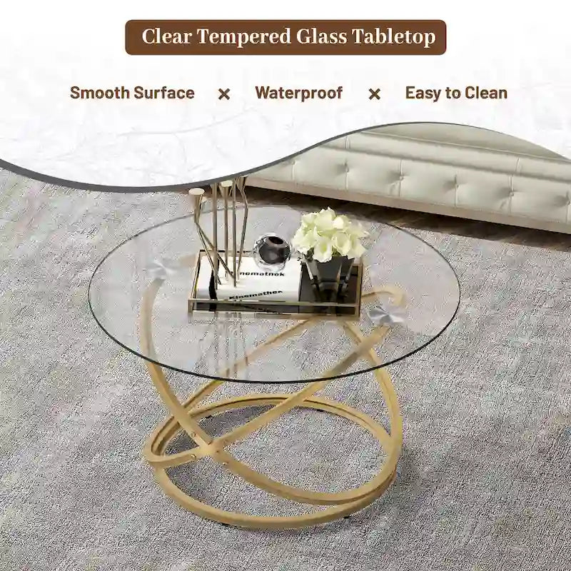 Table basse ronde, plateau verre/pierre, piètement chromé/doré, 1 personne