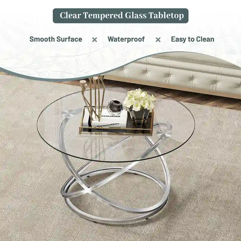 Table basse ronde, plateau verre/pierre, piètement chromé/doré, 1 personne