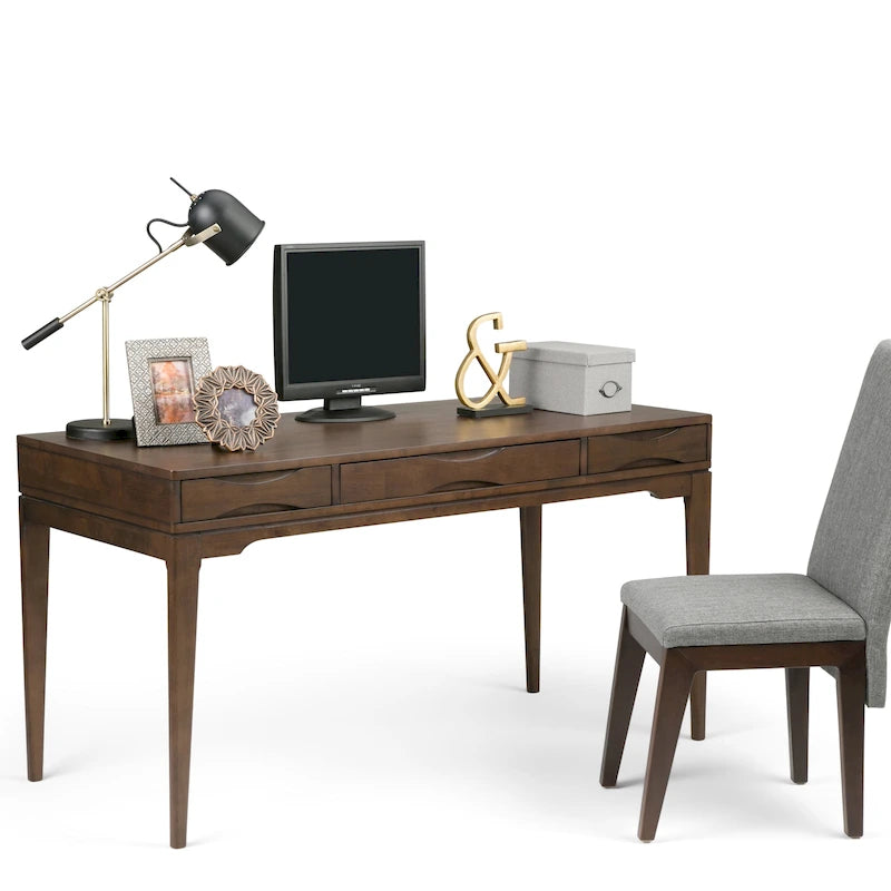 Bureau de style milieu de siècle, tablette clavier et 2 tiroirs, Noyer/Blanc/Gris/Noir, 1 personne