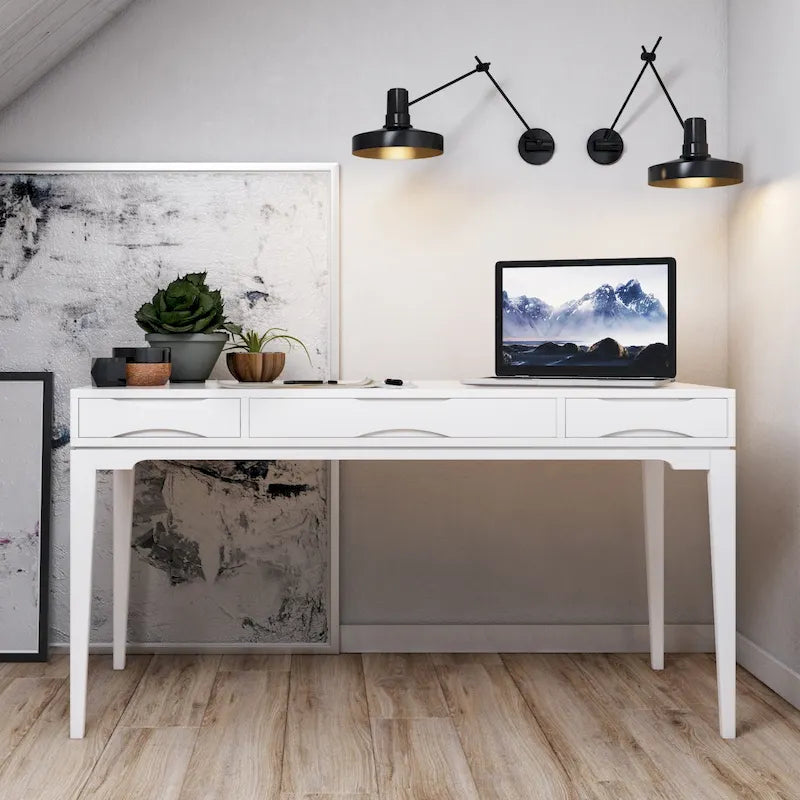 Bureau de style milieu de siècle, tablette clavier et 2 tiroirs, Noyer/Blanc/Gris/Noir, 1 personne