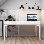 Bureau de style milieu de siècle, tablette clavier et 2 tiroirs, Noyer/Blanc/Gris/Noir, 1 personne