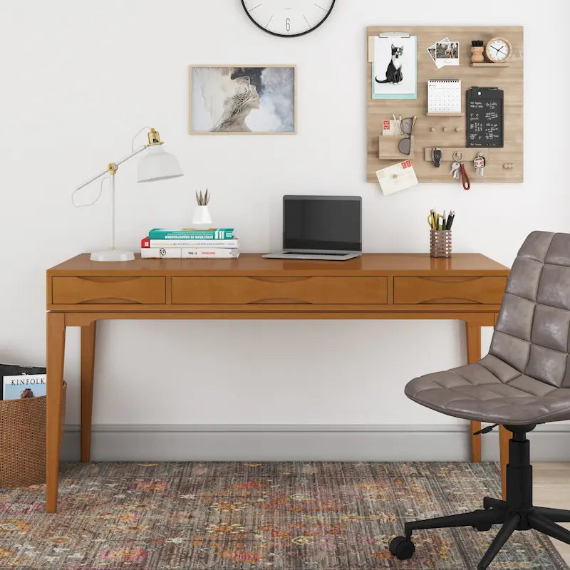 Bureau de style milieu de siècle, tablette clavier et 2 tiroirs, Noyer/Blanc/Gris/Noir, 1 personne