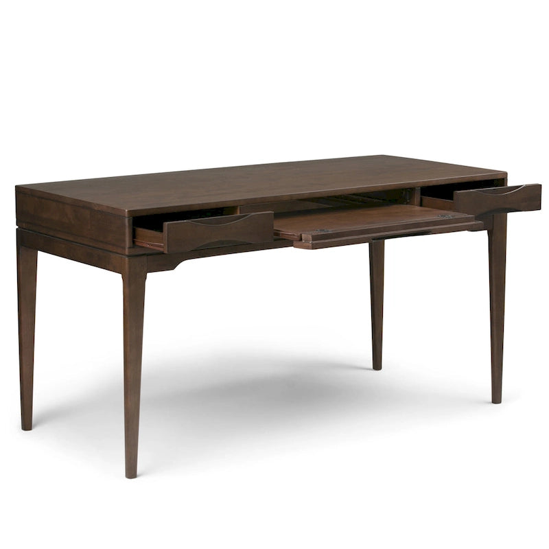 Bureau de style milieu de siècle, tablette clavier et 2 tiroirs, Noyer/Blanc/Gris/Noir, 1 personne