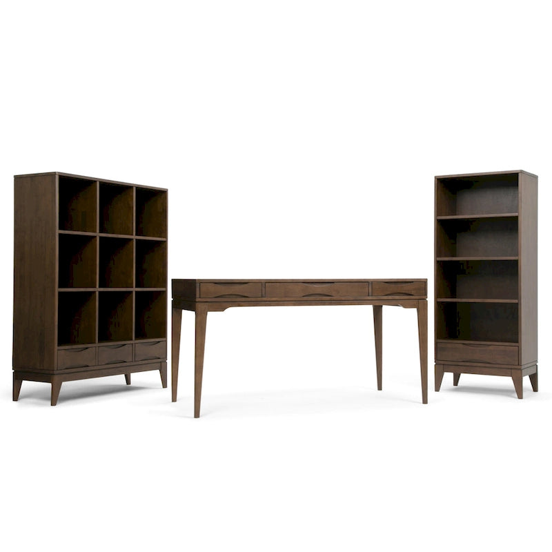 Bureau de style milieu de siècle, tablette clavier et 2 tiroirs, Noyer/Blanc/Gris/Noir, 1 personne