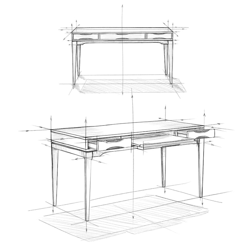 Bureau de style milieu de siècle, tablette clavier et 2 tiroirs, Noyer/Blanc/Gris/Noir, 1 personne