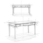 Bureau de style milieu de siècle, tablette clavier et 2 tiroirs, Noyer/Blanc/Gris/Noir, 1 personne