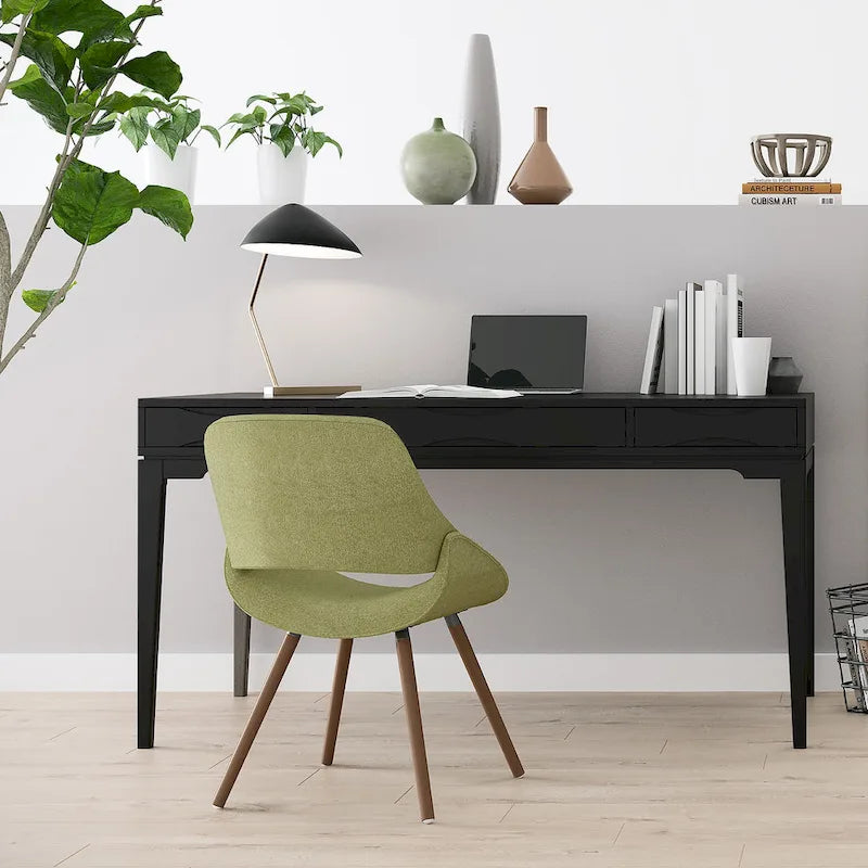 Bureau de style milieu de siècle, tablette clavier et 2 tiroirs, Noyer/Blanc/Gris/Noir, 1 personne