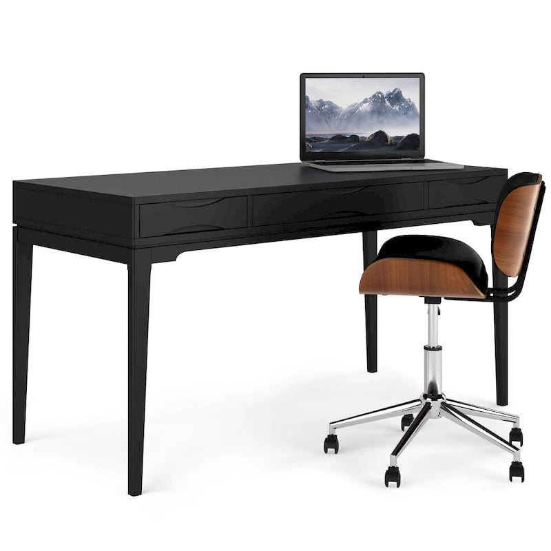Bureau de style milieu de siècle, tablette clavier et 2 tiroirs, Noyer/Blanc/Gris/Noir, 1 personne