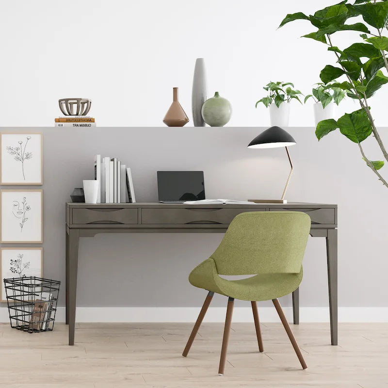 Bureau de style milieu de siècle, tablette clavier et 2 tiroirs, Noyer/Blanc/Gris/Noir, 1 personne