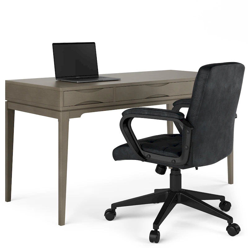 Bureau de style milieu de siècle, tablette clavier et 2 tiroirs, Noyer/Blanc/Gris/Noir, 1 personne