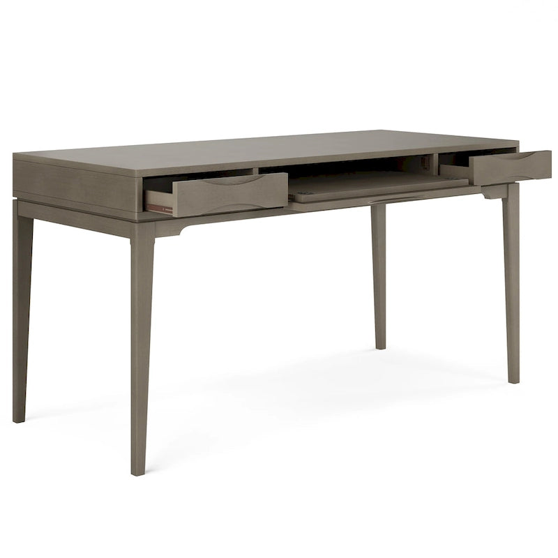 Bureau de style milieu de siècle, tablette clavier et 2 tiroirs, Noyer/Blanc/Gris/Noir, 1 personne