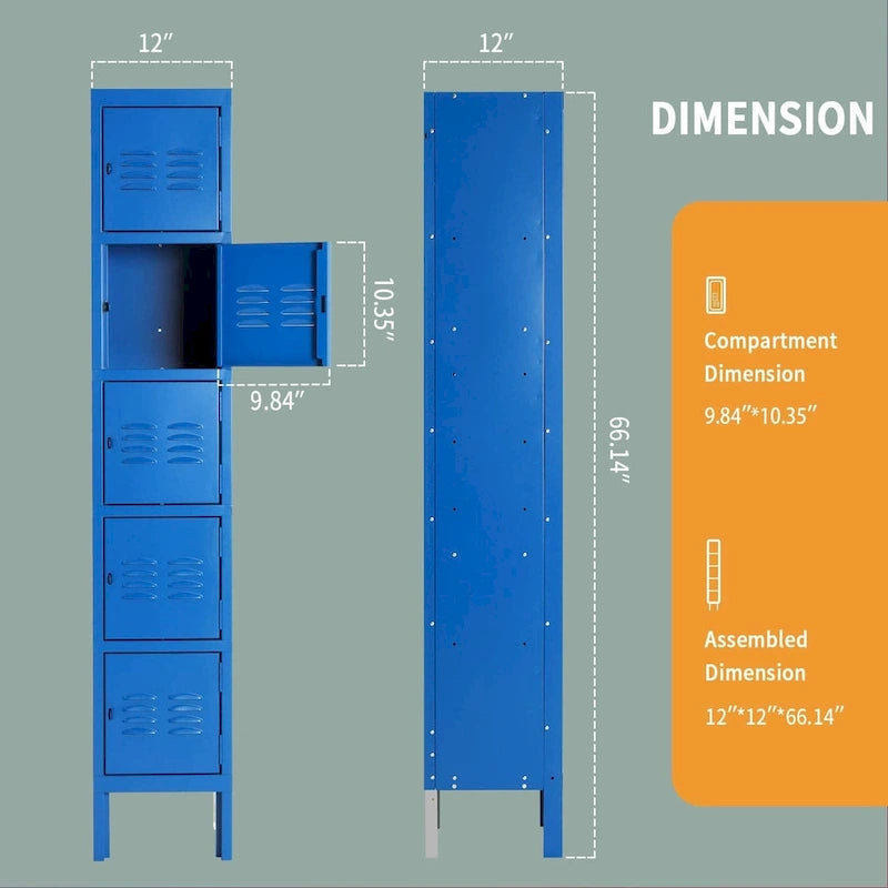 Casier de rangement métallique 5 portes bleu/gris, utilisateur unique, 5 compartiments