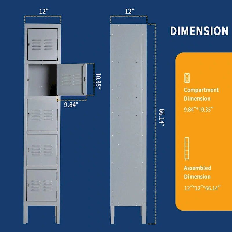 Casier de rangement métallique 5 portes bleu/gris, utilisateur unique, 5 compartiments