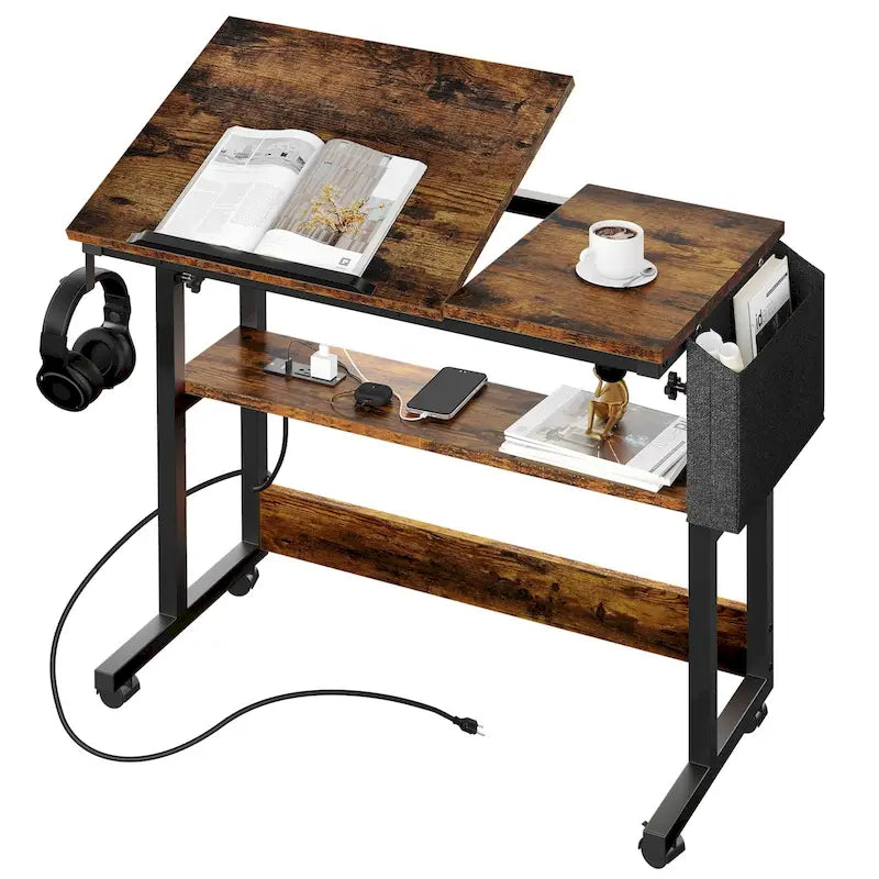 Bureau d'ordinateur portable roulant à hauteur réglable avec station de chargement, brun/gris/noir, 1 personne