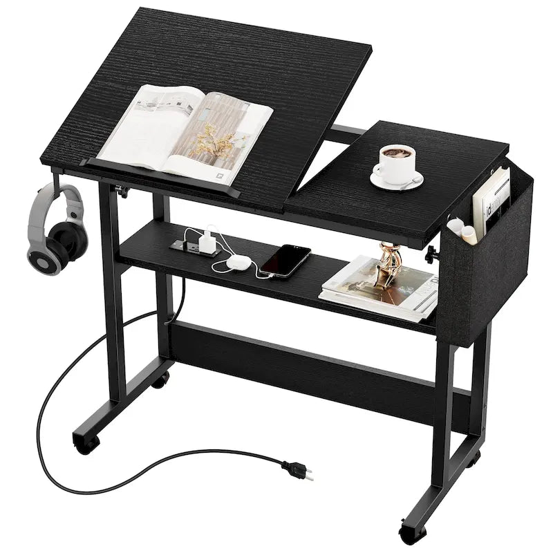 Bureau d'ordinateur portable roulant à hauteur réglable avec station de chargement, brun/gris/noir, 1 personne