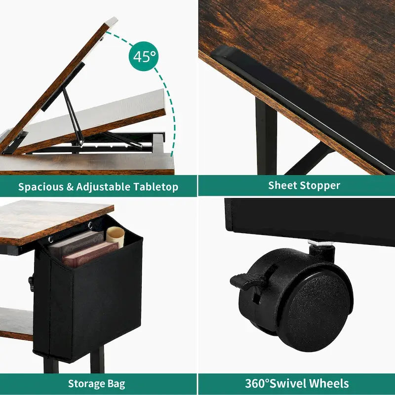 Bureau d'ordinateur portable roulant à hauteur réglable avec station de chargement, brun/gris/noir, 1 personne