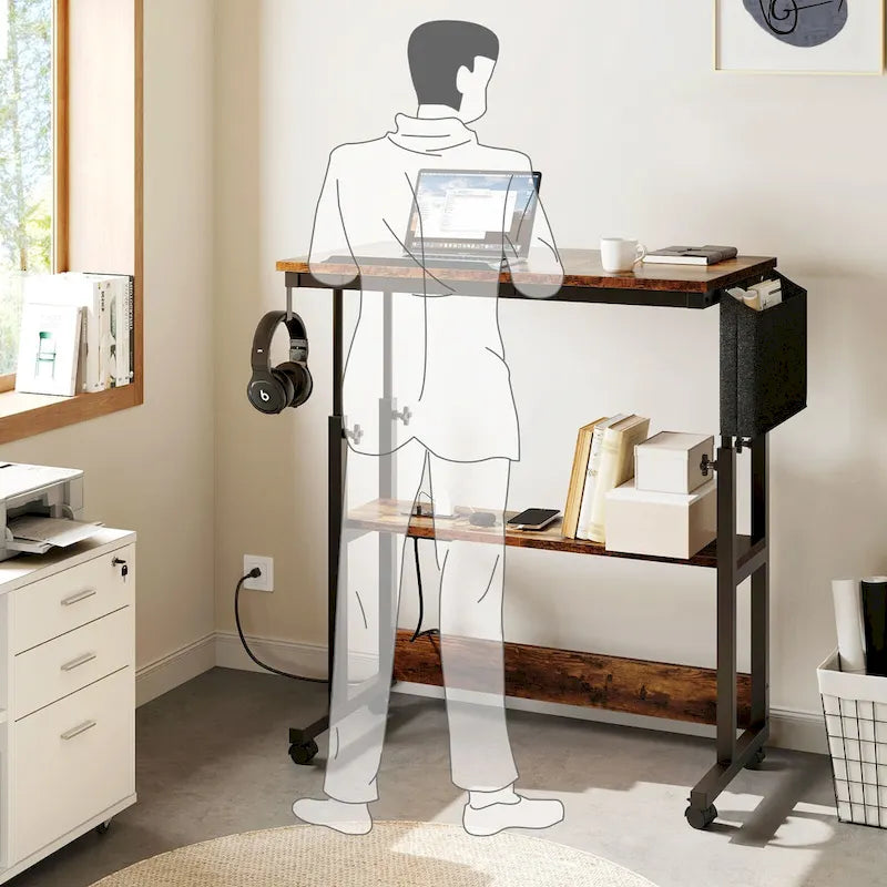 Bureau d'ordinateur portable roulant à hauteur réglable avec station de chargement, brun/gris/noir, 1 personne