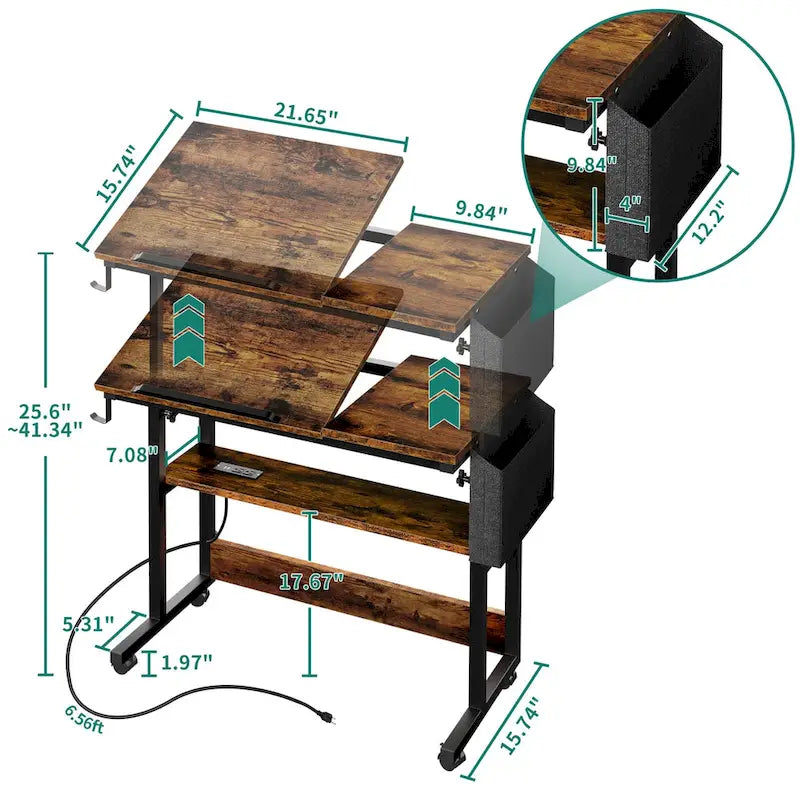 Bureau d'ordinateur portable roulant à hauteur réglable avec station de chargement, brun/gris/noir, 1 personne