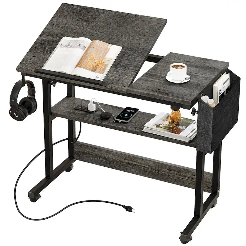 Bureau d'ordinateur portable roulant à hauteur réglable avec station de chargement, brun/gris/noir, 1 personne