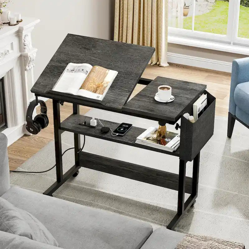 Bureau d'ordinateur portable roulant à hauteur réglable avec station de chargement, brun/gris/noir, 1 personne