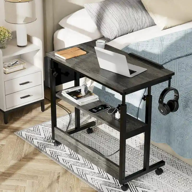 Bureau d'ordinateur portable roulant à hauteur réglable avec station de chargement, brun/gris/noir, 1 personne