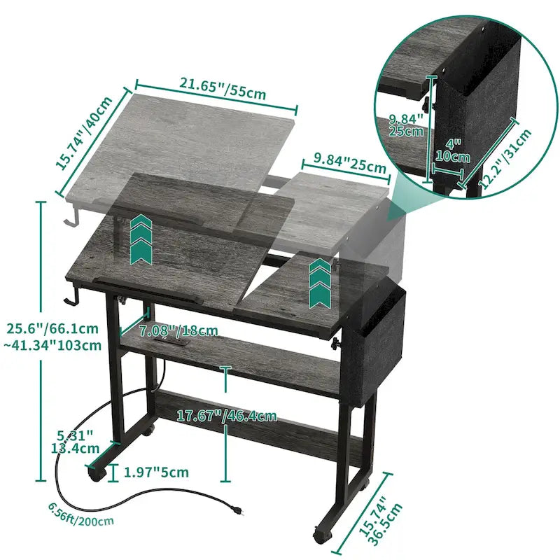 Bureau d'ordinateur portable roulant à hauteur réglable avec station de chargement, brun/gris/noir, 1 personne