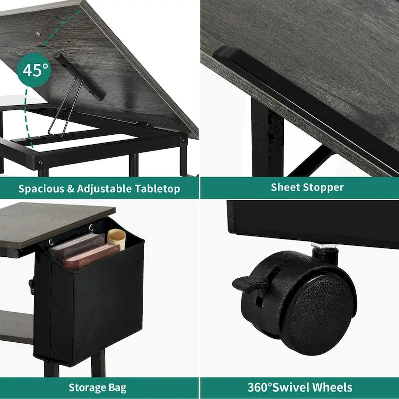 Bureau d'ordinateur portable roulant à hauteur réglable avec station de chargement, brun/gris/noir, 1 personne
