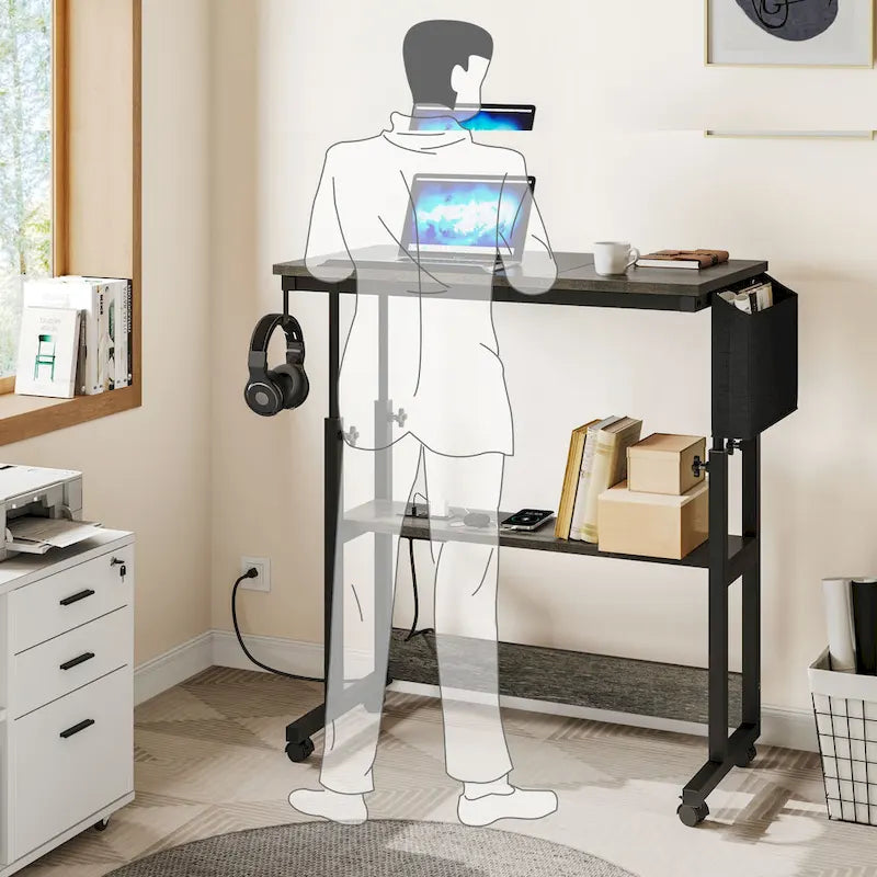 Bureau d'ordinateur portable roulant à hauteur réglable avec station de chargement, brun/gris/noir, 1 personne
