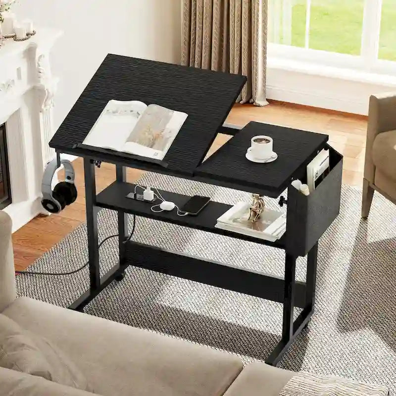 Bureau d'ordinateur portable roulant à hauteur réglable avec station de chargement, brun/gris/noir, 1 personne