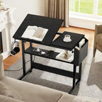 Bureau d'ordinateur portable roulant à hauteur réglable avec station de chargement, brun/gris/noir, 1 personne