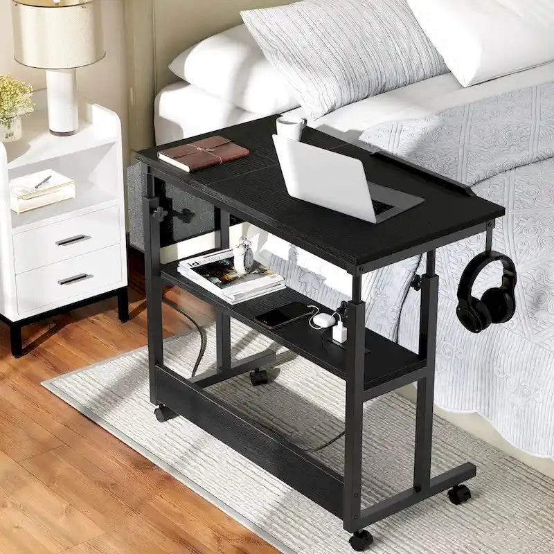 Bureau d'ordinateur portable roulant à hauteur réglable avec station de chargement, brun/gris/noir, 1 personne