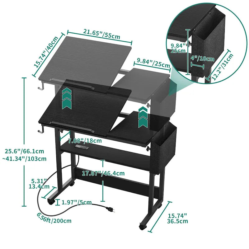 Bureau d'ordinateur portable roulant à hauteur réglable avec station de chargement, brun/gris/noir, 1 personne