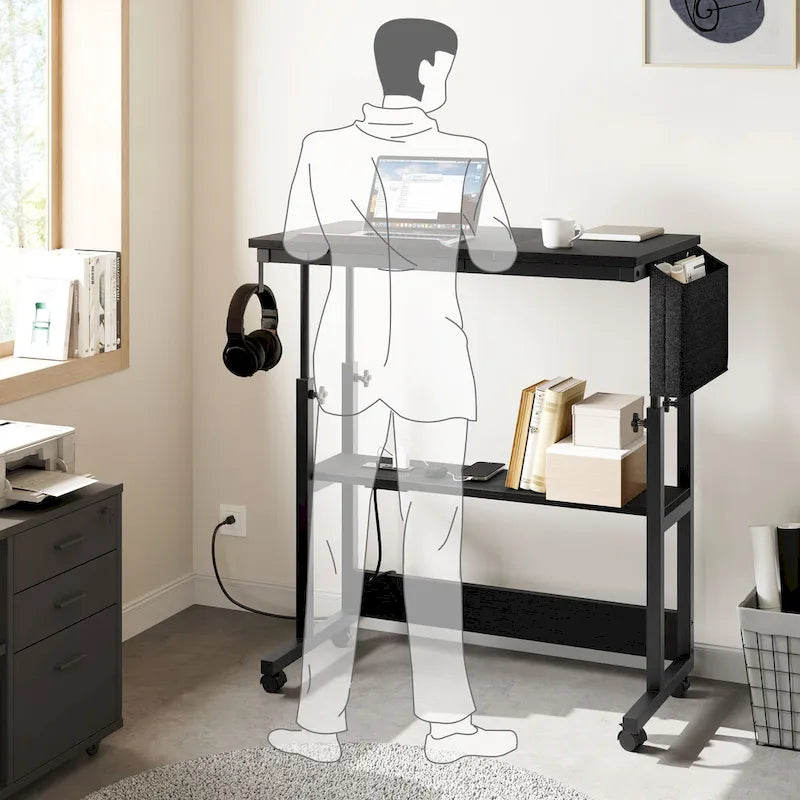 Bureau d'ordinateur portable roulant à hauteur réglable avec station de chargement, brun/gris/noir, 1 personne